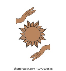Esoteric symbol. Mystical and magical design with sun, hand, stars and moon.