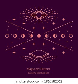 Esoteric symbol of opening of third eye of soul, phase of moon. Illustration of  magic session, look into future, connection with universe. Vector design drawing for Tarot cards, groups, web pages.