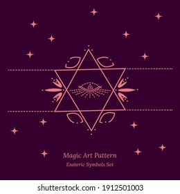 Esoteric symbol of opening third eye of the soul. Science Illustration, look into universe concept. Vector outline drawing style design for tarot cards, social networks, groups, web pages.