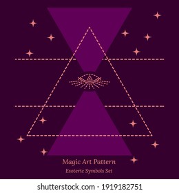 Esoteric symbol of opening third eye of soul. Science Illustration, look into universe concept. Vector outline drawing style design for tarot cards, social networks, groups, web pages.