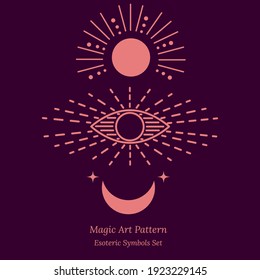 Esoteric symbol of opening of third eye of soul, moon, sun and stars. Illustration of magic session, look into future, connection with universe. Vector drawing for tarot cards, groups, web pages.