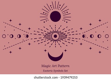 Símbolo estotérico de apertura del tercer ojo del alma, Sol, estrellas, fases de la luna. Ilustración de la sesión mágica, mirar hacia el futuro, conexión con el universo. Dibujo de vectores para tarjetas de inicio, grupos, página web