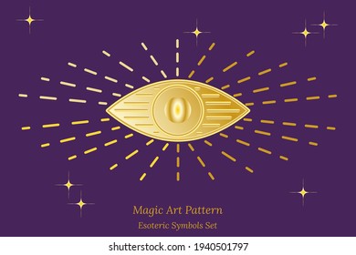 Esoteric symbol of opening of third eye of soul, sun, stars. Illustration of magic session, look into future, connection with universe. Vector drawing for tarot cards, groups, web page.