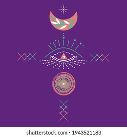 Esoteric symbol of opening of third eye of soul, sun, moon, stars. Illustration of magic session, look into future, connection with universe. Vector drawing for tarot cards, groups, web page.