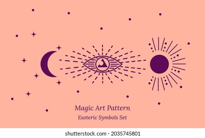 Esoteric symbol of opening of third eye of soul, moon, sun and stars. Illustration of magic session, look into future, connection with universe. Vector drawing for tarot cards, groups, web pages.