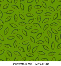 Patrón de símbolo estotérico. Ojos con una espiral sobre un fondo verde