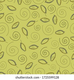 Esoteric symbol pattern. Eyes with a spiral on mustard background