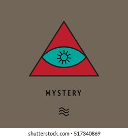 Esoteric symbol of pyramid with eye and sun star inside. Metaphysic mysterious Logo. Philosophical illustration. Illuminati card, freemasonry cover. Tantric wallpaper. Symbolic poster. Religious art