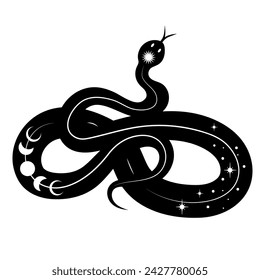 Esoteric symbol with snake, sun, moon and stars. Abstract symbol for cosmetics and packaging, jewelry, logo, tattoo.
