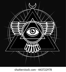 Esoteric symbol: winged pyramid, knowledge eye, sacred geometry. The monochrome drawing isolated on a black background. Vector illustration. Print, posters, t-shirt, textiles.