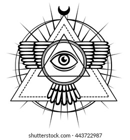 Esoteric symbol: winged pyramid, knowledge eye, sacred geometry. The monochrome drawing isolated on a white background. Vector illustration. Print, posters, t-shirt, textiles.