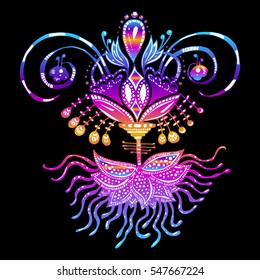 The esoteric symbol, yoga. Black background vector illustration of tattoos. Printing on T-shirts, fabrics, souvenirs, mugs. Indian ornament, tribal. 
