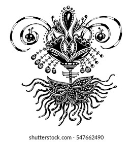 The esoteric symbol, yoga, isolated vector illustration Tattoo. Printing on T-shirts, fabrics, souvenirs, mugs. Indian asian ornament, tribal.