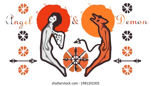 Esoteric symbols Angel and Demon. Isolated over white background.