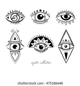 esoteric symbols with eyes, vector mysterious signs with eyes, vector illustration, boho style decorative elements isolated on white