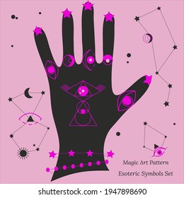 Esoteric symbols for fortune telling by hand. Magic session, look into future, connection with universe, palmistry signs. Rings, bracelets from celestial symbols, jewelry on arm. Vector drawing.