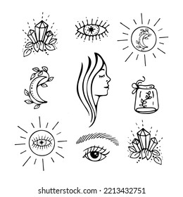 Símbolos estotéricos dibujados a mano. Doodles vectores ojo, luna, sol, perfil de la mujer, cristales.