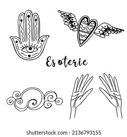 Esoteric symbols. Hands with an all-seeing eye. A heart with wings. Cliparts vector.