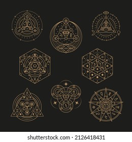 Esoteric symbols. Magic mystical tarot design, stars and satellite. Sacred ritual elements, ancient mystic astrology. Abstract geometries tidy vector graphic