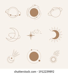 Esoteric symbols with moon and planet. Celestial sings. Vector illustration in boho style