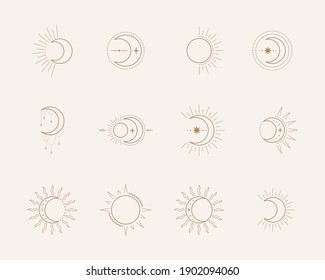 Esoteric symbols with moon and sun. Celestial sings. Vector illustration in boho style