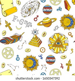 Esoteric symbols and occult objects seamless vector pattern. Cartoon esotery manuscript, eye in triangle, planets and stars, sun and astrology items. Esoterism isolated on white background.