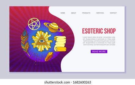 Esoteric symbols and occult objects web vector template. Cartoon esotery manuscript, eye in triangle, planets and astrology items, books. Esoterism shop and club website or landing.