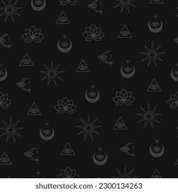 Esoteric symbols on a black background seamless pattern. Moon star sun astrological signs, vector print.