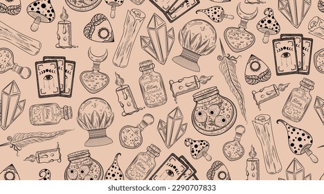 Patrón de símbolos estotéricos. Impresión de alquimia. Antecedentes astrológicos de estilo bohemio.Botellas de poción, setas, velas, tarjetas tarot, cristales. Alquimia, fondo de brujería.Silueta esotérica monocromática mágica