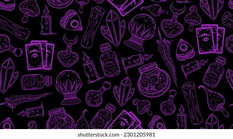 Esoterisches Symbolmuster. Alchemy Print. Böhmischer Astrologie-Hintergrund.Töpfflaschen, Pilze, Kerze, Tarot-Karten, Kristalle. Alchimie, witziger Hintergrund.Magische monochrome esoterische Silhouette