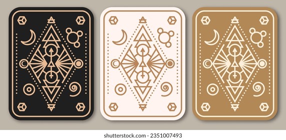 Esoteric symbols poster, banner. Vector. Thin line geometric badge. Outline icon for alchemy or sacred geometry. Mystic and magic design with alchemy symbols.