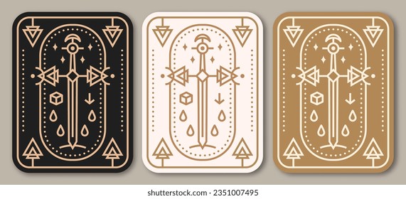 Esoteric symbols poster, banner. Vector. Thin line geometric badge. Outline icon for alchemy or sacred geometry. Mystic and magic design with Old sword.