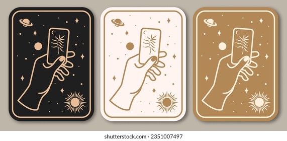 Esoteric symbols poster, banner. Vector. Thin line geometric badge. Outline icon for alchemy or sacred geometry. Mystic and magic design with hand, stars, planets and moon.