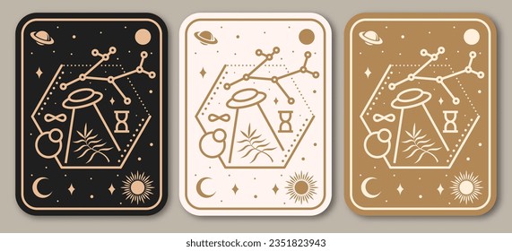Esoteric symbols poster, banner. Vector. Thin line geometric badge. Outline icon for alchemy or sacred geometry. Mystic and magic design with alchemy symbols and ufo flying.