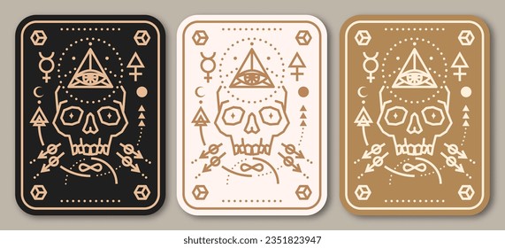Esoteric symbols poster, banner. Vector. Thin line geometric badge. Outline icon for alchemy or sacred geometry. Mystic and magic design with skull and alchemy symbols.