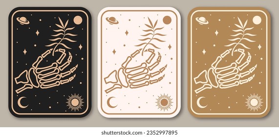 Esoteric symbols poster, banner. Vector. Outline icon for alchemy or sacred geometry. Mystic and magic design with human skeleton bone hand, stars, planets and magic card.