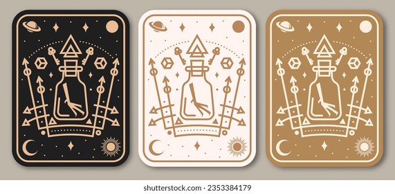 Esoteric symbols poster, banner. Vector. Thin line geometric badge. Outline icon for alchemy or sacred geometry. Mystic and magic sacred geometry tattoo design with unreal geometrical cube, moon, sun