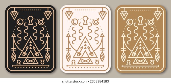 Esoteric symbols poster, banner. Vector. Thin line geometric badge. Outline icon for alchemy or sacred geometry. Mystic and magic design with Gate to another world.