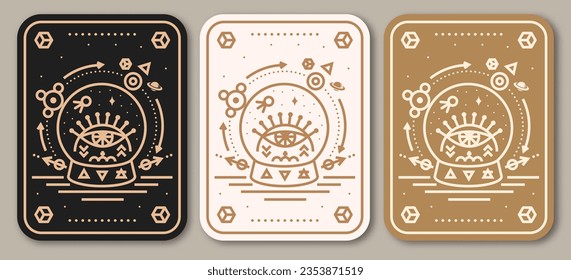 Esoteric symbols poster, banner. Vector. Thin line geometric badge. Outline icon for alchemy or sacred geometry. Mystic and magic design with glass ball and all-seeing eye.