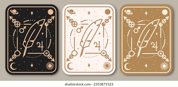 Esoteric symbols poster, banner. Vector illustration. Thin line geometric badge. Outline icon for alchemy, sacred geometry. Mystic and magic design with feather, stars, planets and moon.