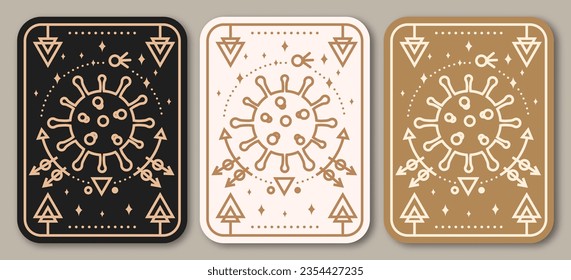 Esoteric symbols poster, banner. Vector. Thin line geometric badge. Outline icon for alchemy or sacred geometry. Mystic and magic sacred geometry tattoo design with unreal geometrical cube, moon, sun