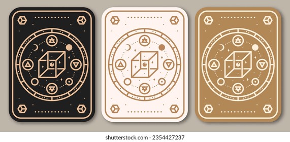 Esoteric symbols poster, banner. Vector. Thin line geometric badge. Outline icon for alchemy or sacred geometry. Mystic and magic sacred geometry tattoo design with unreal geometrical cube, moon, sun