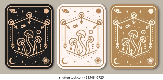 Esoteric symbols poster, banner. Vector. Thin line geometric badge. Outline icon for alchemy or sacred geometry. Mystic and magic design with alchemy symbols and mushrooms.