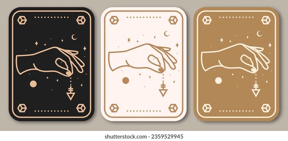 Esoteric symbols poster, banner. Vector. Thin line geometric badge. Outline icon for alchemy or sacred geometry. Mystic and magic design with hand, stars, planets and moon.