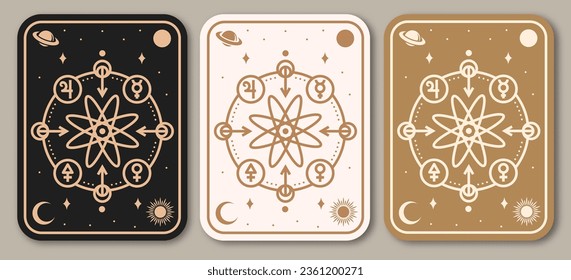 Esoterische Symbole Poster, Banner. Vektorgrafik. Geometrisches Schild mit dünner Linie. Rahmensymbol für Alchemie oder heilige Geometrie. Mystisches und magisches Design mit Atom