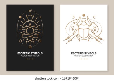 Esoteric symbols poster, flyer. Vector. Thin line geometric badge. Outline icon for alchemy, sacred geometry. Mystic, magic design with man sitting in yoga lotus pose, egyptian scarab beetle