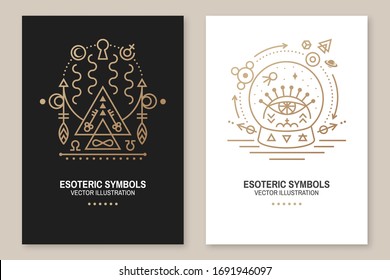 Esoteric symbols poster, flyer. Vector. Thin line geometric badge. Outline icon for alchemy, sacred geometry. Mystic, magic design with portal to another world and glass ball with all-seeing eye