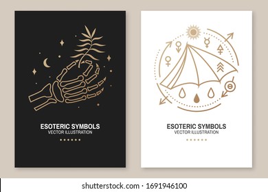 Esoteric symbols poster, flyer. Vector illustration. Thin line geometric badge. Outline icon for alchemy, sacred geometry. Mystic, magic design with bat wing and human skeleton bone hand