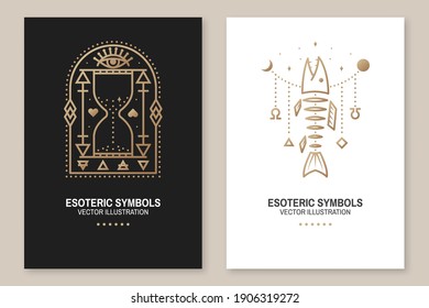 Esoteric symbols, poster, flyer. Vector. Thin line geometric badge. Outline icon for alchemy or sacred geometry. Mystic and magic design with fish bone, all-seeing eye and hourglass