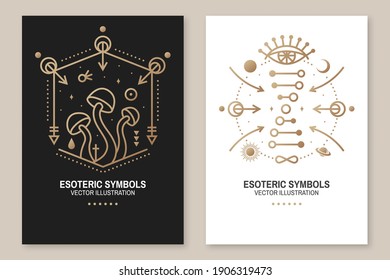 Esoteric symbols poster, flyer. Vector Thin line geometric badge. Outline icon for alchemy or sacred geometry. Mystic and magic design with alchemy symbols, mushrooms, all-seeing eye and dna.